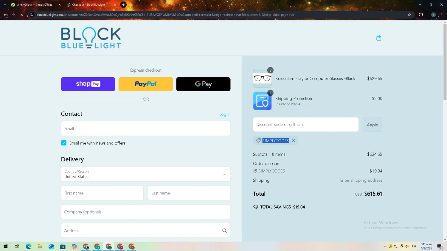 BlockBlueLight Eyewear checkout page showing BlockBlueLight Eyewear promo code box | Screenshot taken by SimplyCodes community member on Mar 5, 2025
