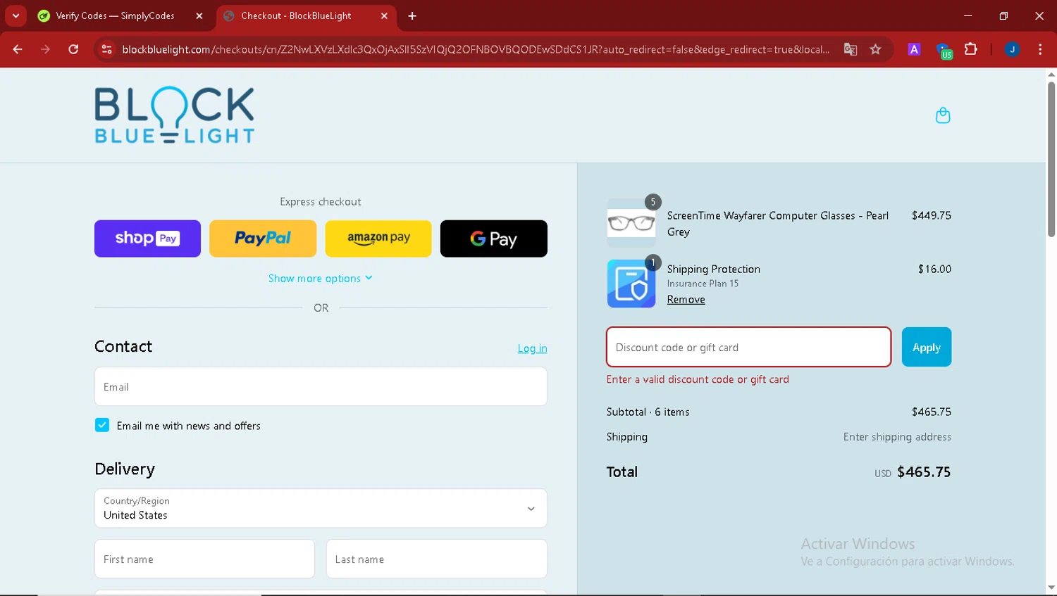 BlockBlueLight Eyewear promo code screenshot showing code SIMPLYCODES applied at BlockBlueLight Eyewear checkout page. Uploaded by SimplyCodes community member thegordobaby on Apr 8, 2025
