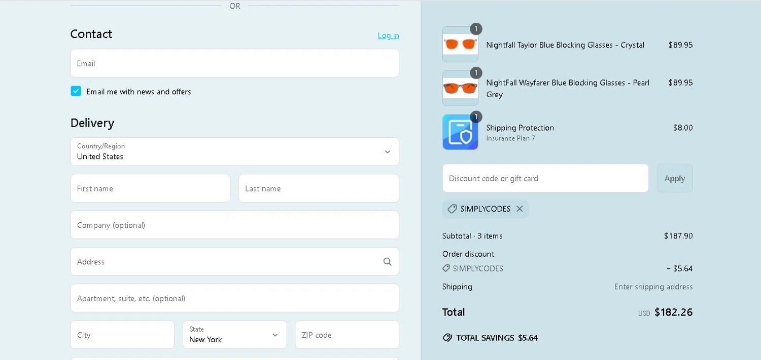 BlockBlueLight Eyewear checkout page showing BlockBlueLight Eyewear promo code box | Screenshot taken by SimplyCodes community member on Mar 16, 2025