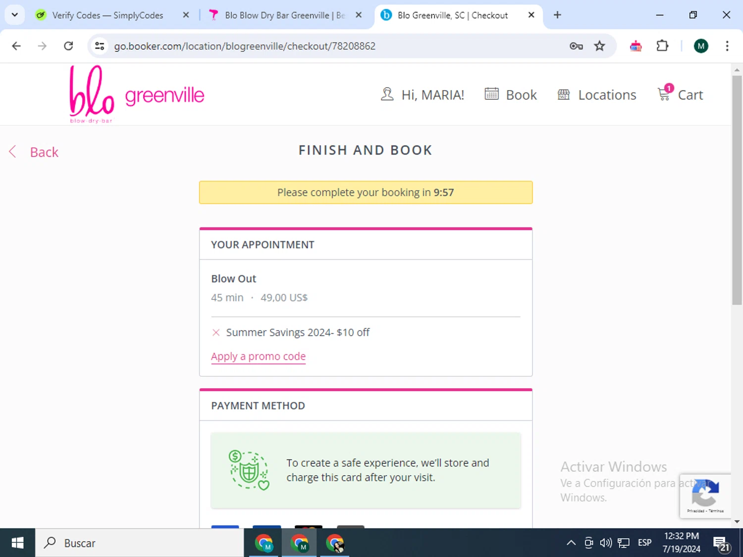 Blo Blow Dry Bar checkout page showing Blo Blow Dry Bar promo code box | Screenshot taken by SimplyCodes community member on Jul 19, 2024