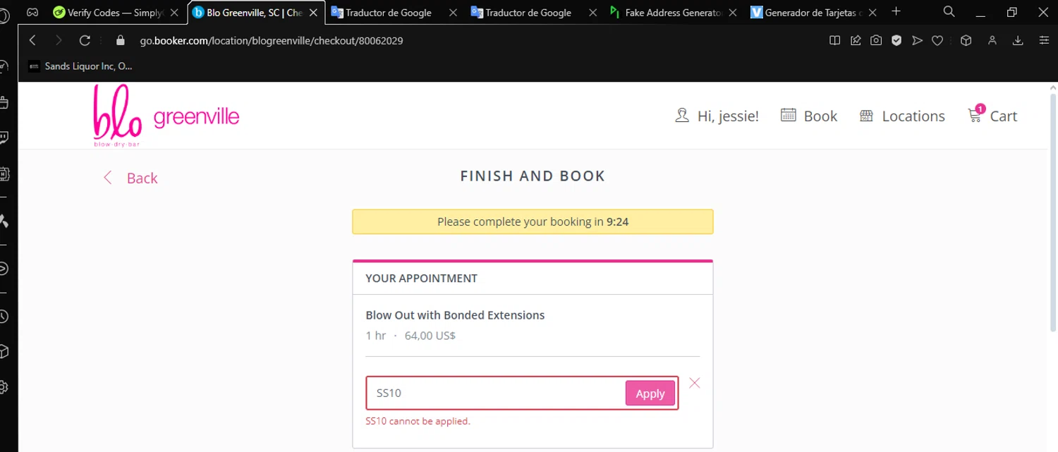 Blo Blow Dry Bar checkout page showing Blo Blow Dry Bar promo code box | Screenshot taken by SimplyCodes community member on Sep 6, 2024