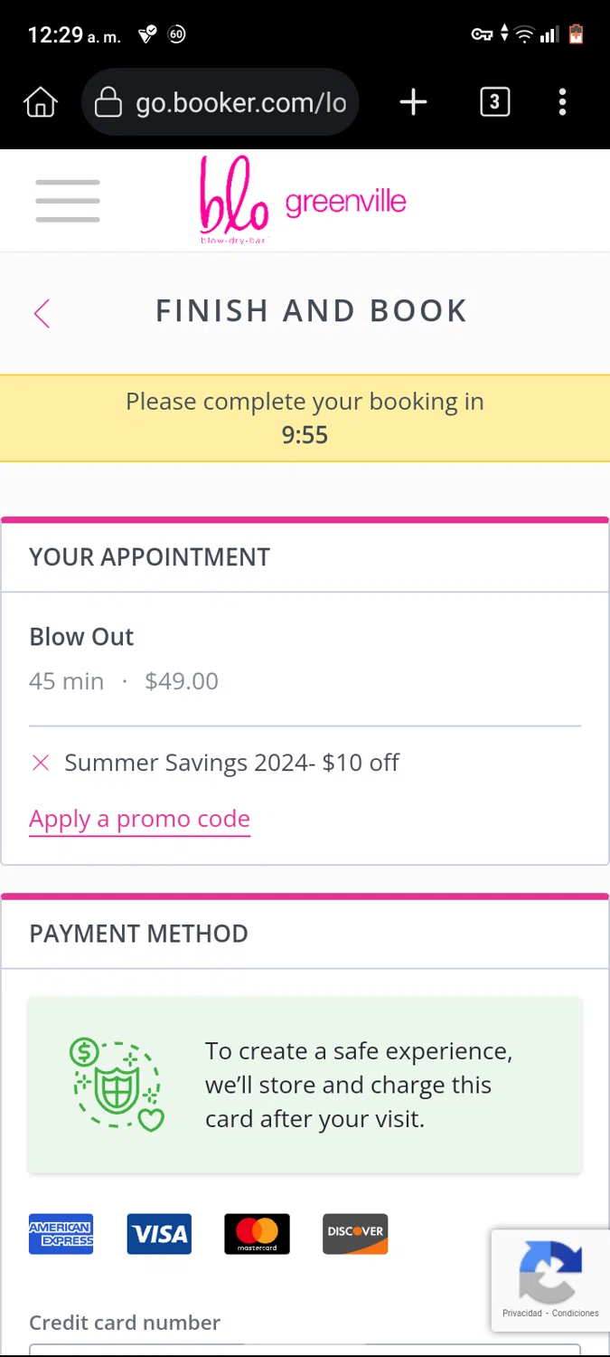 Blo Blow Dry Bar checkout page showing Blo Blow Dry Bar promo code box | Screenshot taken by SimplyCodes community member on Aug 13, 2024