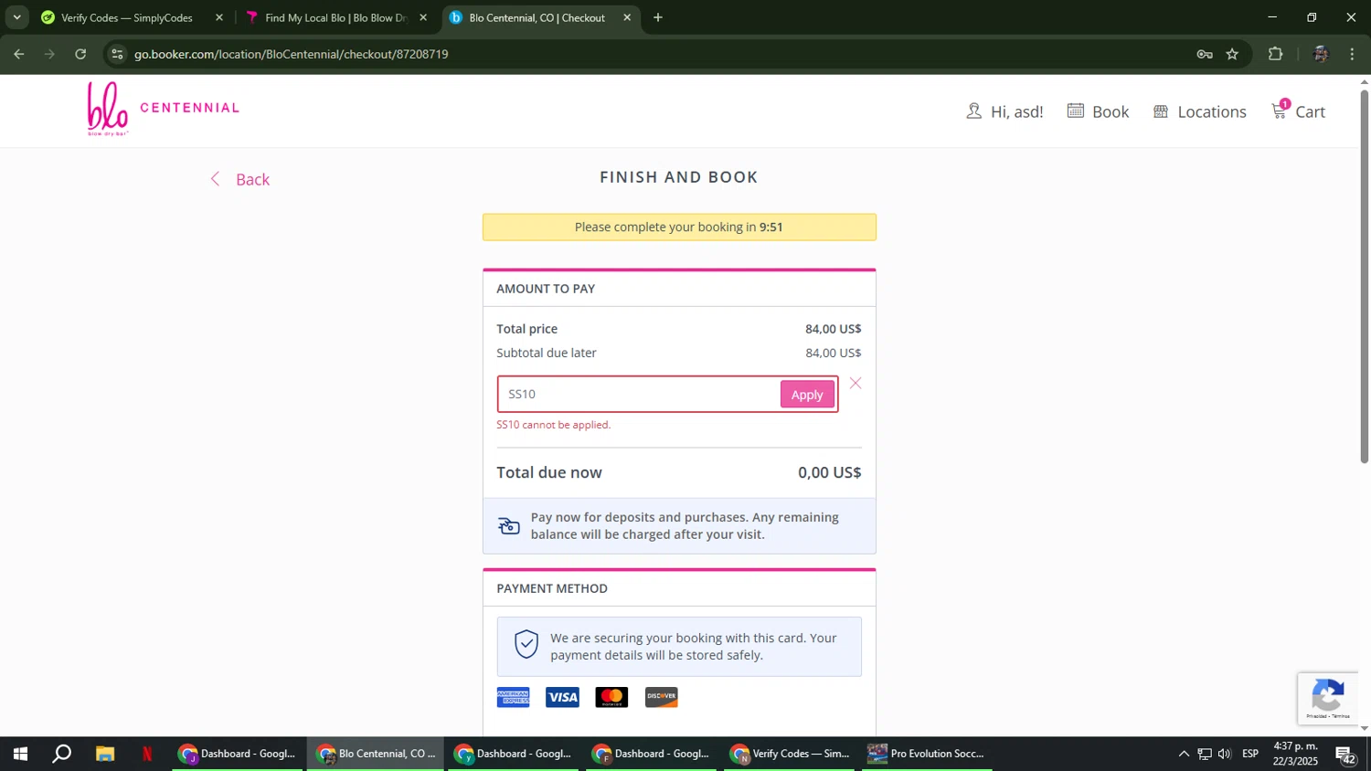 Blo Blow Dry Bar promo code screenshot showing code SS10 applied at Blo Blow Dry Bar checkout page. Uploaded by SimplyCodes community member xxdddd on Mar 22, 2025