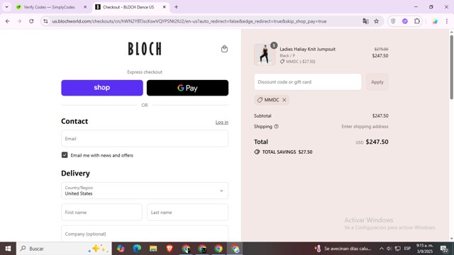 Bloch US checkout page showing Bloch US discount code box | Screenshot taken by SimplyCodes community member on Sep 3, 2025