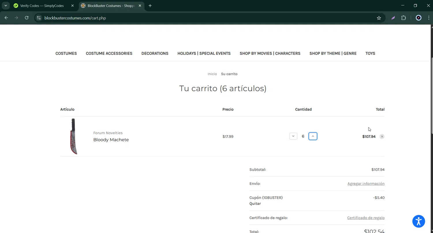 Blockbuster Costumes promo code screenshot showing code 10BUSTER applied at Blockbuster Costumes checkout page. Uploaded by SimplyCodes community member Bernard_Lowe on May 26, 2025