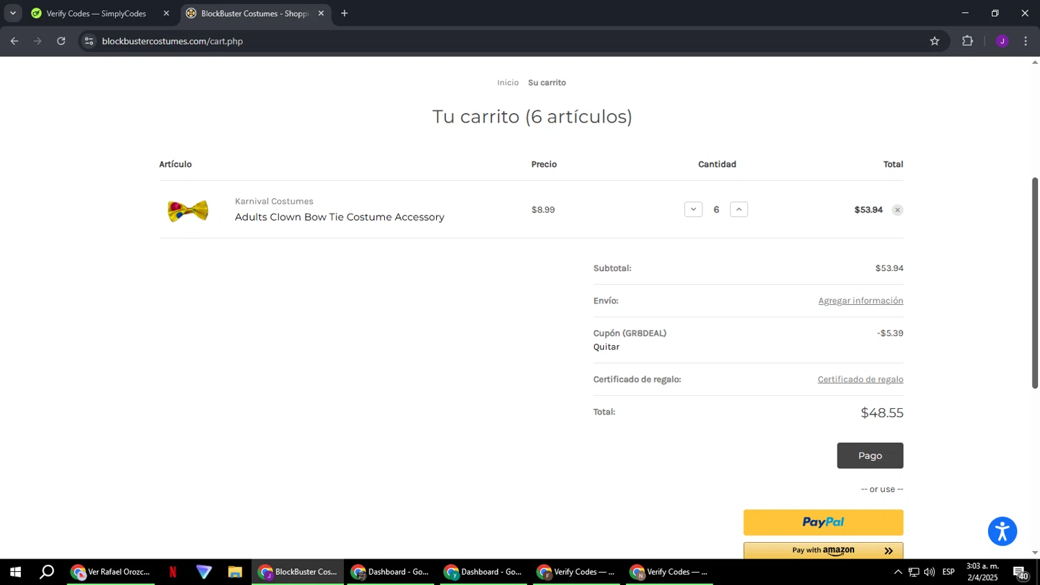 Blockbuster Costumes promo code screenshot showing code GR8DEAL applied at Blockbuster Costumes checkout page. Uploaded by SimplyCodes community member ComeBurra123 on Apr 2, 2025