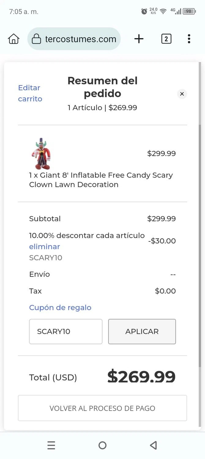 Blockbuster Costumes promo code screenshot showing code SCARY10 applied at Blockbuster Costumes checkout page. Uploaded by SimplyCodes community member Anthony_Diaz on Jan 26, 2025