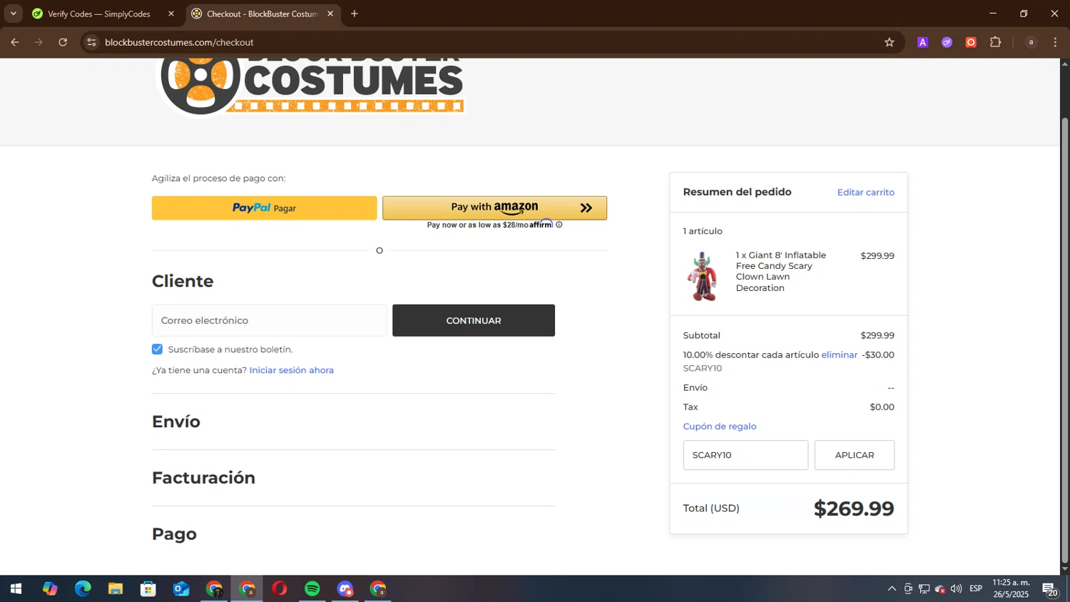 Blockbuster Costumes promo code screenshot showing code SCARY10 applied at Blockbuster Costumes checkout page. Uploaded by SimplyCodes community member lisandro on May 26, 2025