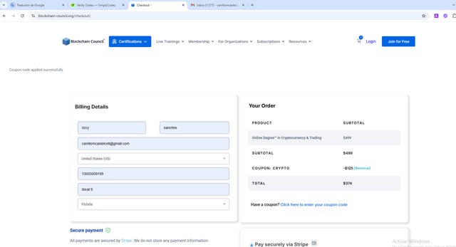 Blockchain Council checkout page showing Blockchain Council discount code box | Screenshot taken by SimplyCodes community member on Aug 11, 2025