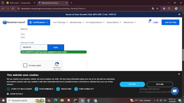 Blockchain Council checkout page showing Blockchain Council discount code box | Screenshot taken by SimplyCodes community member on Aug 16, 2025