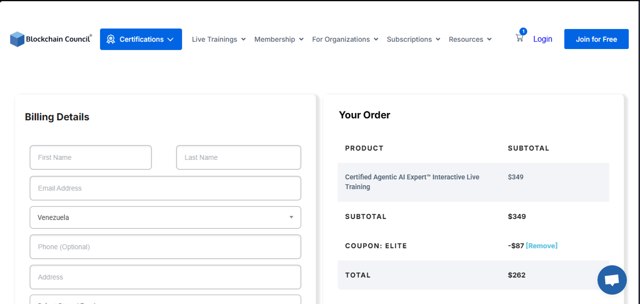Blockchain Council checkout page showing Blockchain Council discount code box | Screenshot taken by SimplyCodes community member on Aug 26, 2025