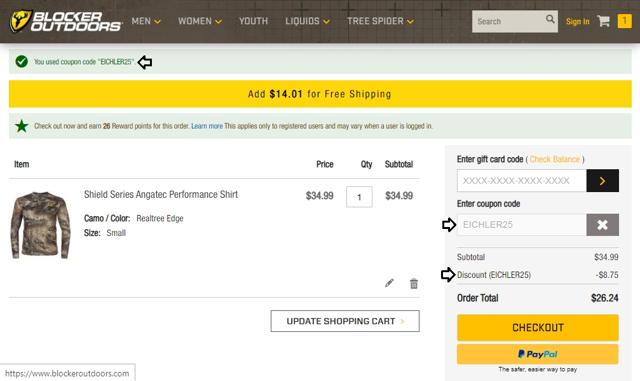 Blocker Outdoors checkout page showing Blocker Outdoors coupon code box | Screenshot taken by SimplyCodes community member on Mar 13, 2021