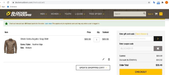 Blocker Outdoors checkout page showing Blocker Outdoors coupon code box | Screenshot taken by SimplyCodes community member on Mar 13, 2021