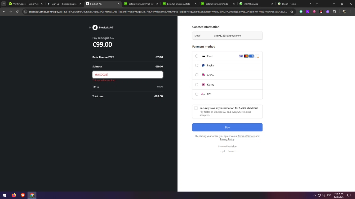 Blockpit promo code screenshot showing code YR1XOQXS applied at Blockpit checkout page. Uploaded by SimplyCodes community member eliaskao on Jun 17, 2025