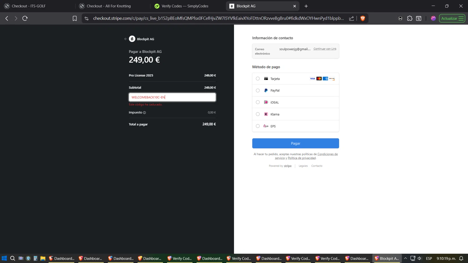 Blockpit promo code screenshot showing code WELCOMEBACK10C-EN applied at Blockpit checkout page. Uploaded by SimplyCodes community member JhonatanGomez on Jul 4, 2025