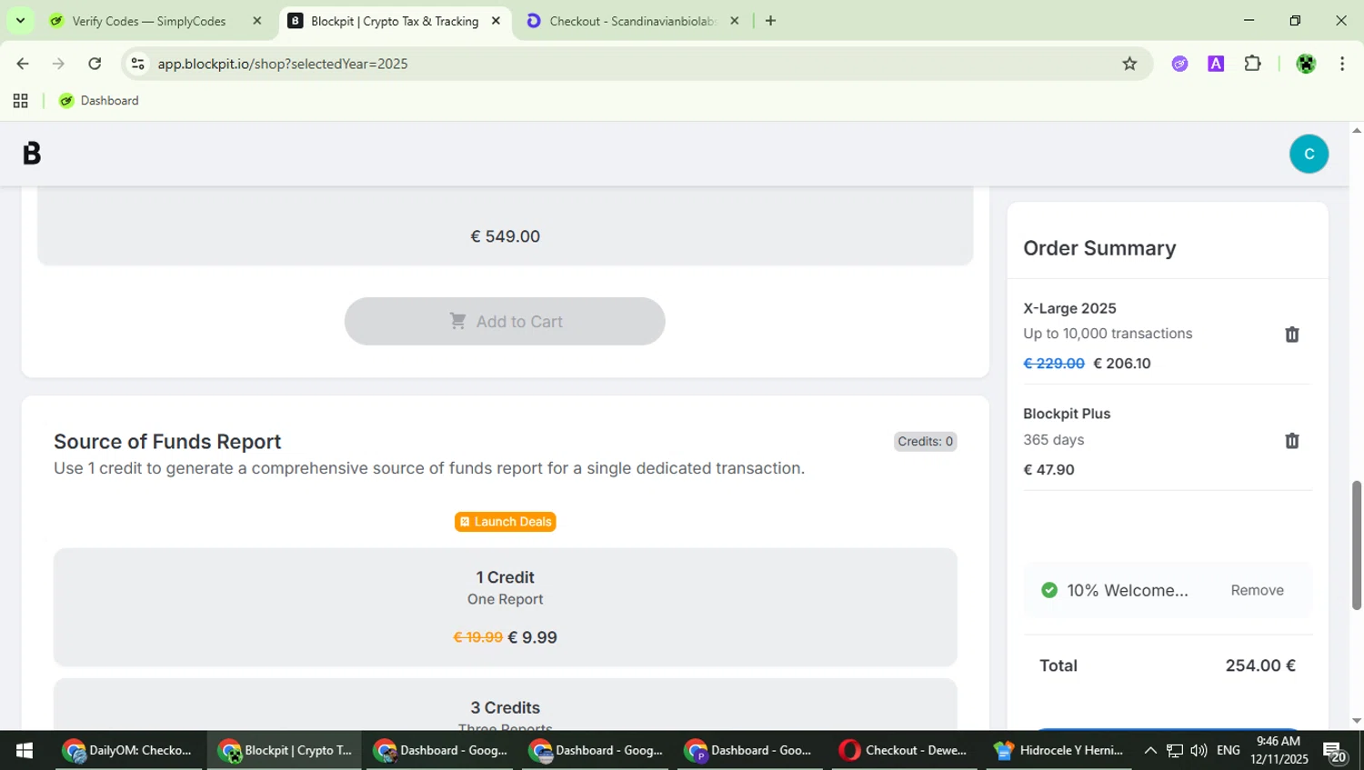Blockpit promo code screenshot showing code PRO10WELCOME applied at Blockpit checkout page. Uploaded by SimplyCodes community member MaitoGai on Dec 11, 2025