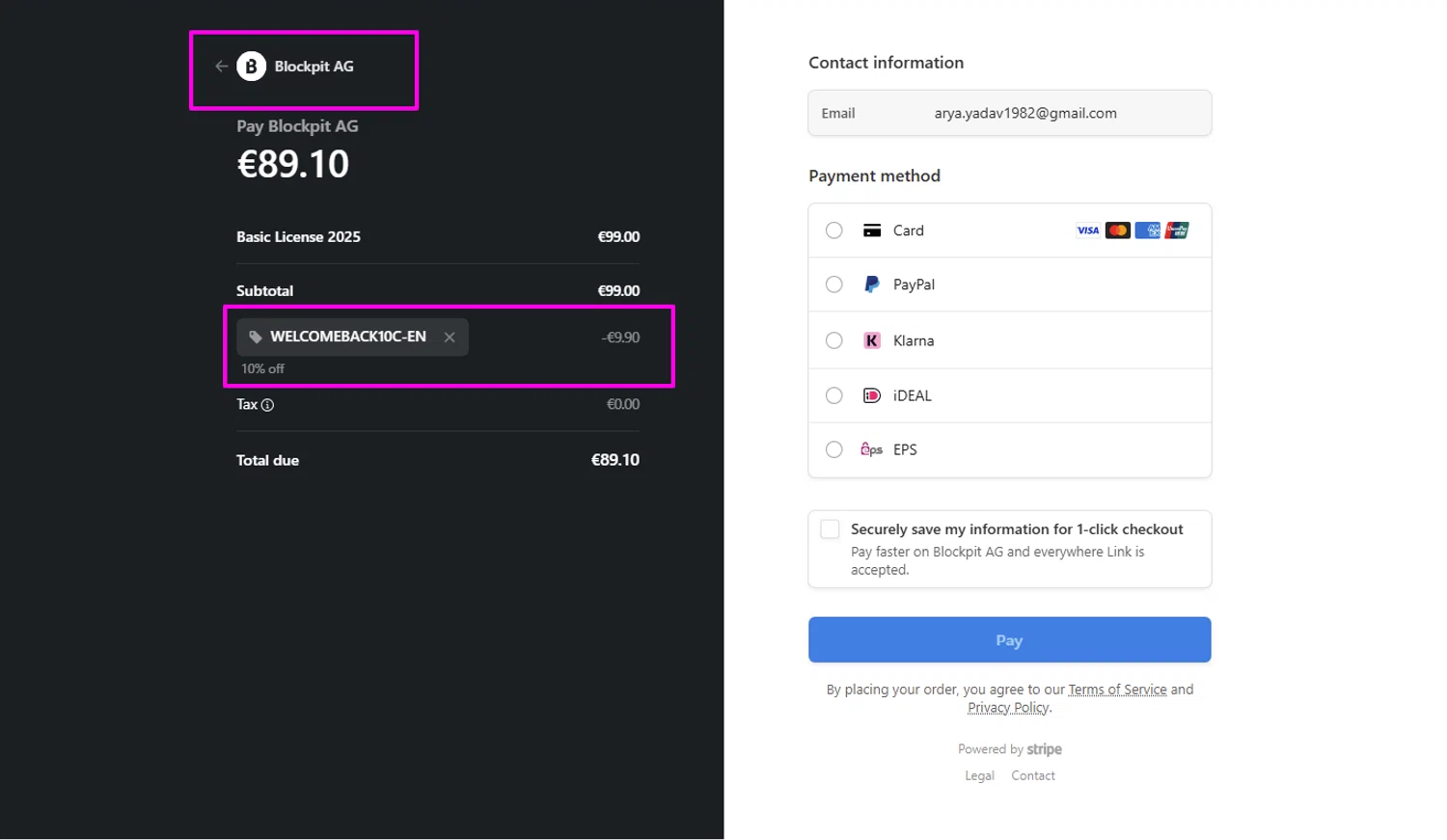 Blockpit promo code screenshot showing code WELCOMEBACK10C-EN applied at Blockpit checkout page. Uploaded by SimplyCodes community member mrdarcy on Jun 12, 2025