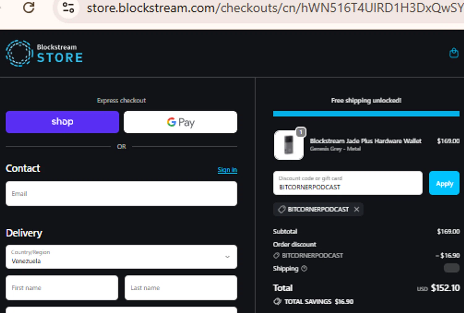 Blockstream discount code screenshot showing code BITCORNERPODCAST applied at Blockstream checkout page. Uploaded by SimplyCodes community member BudgetLion5814 on Nov 7, 2025