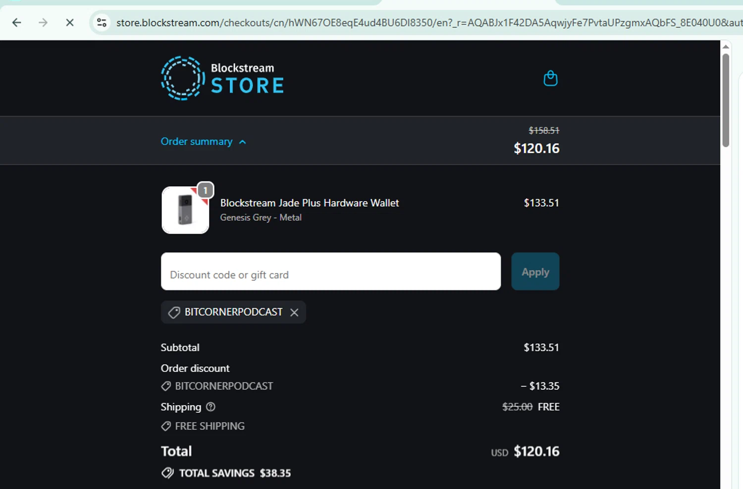 Blockstream discount code screenshot showing code BITCORNERPODCAST applied at Blockstream checkout page. Uploaded by SimplyCodes community member ShrewdTiger1887 on Dec 6, 2025