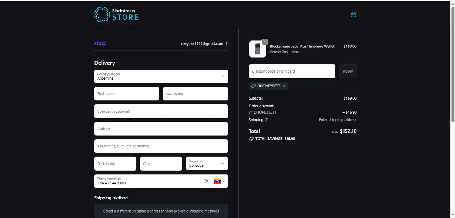 Blockstream discount code screenshot showing code DHONEYSETT applied at Blockstream checkout page. Uploaded by SimplyCodes community member BargainShopper1384 on Oct 9, 2025