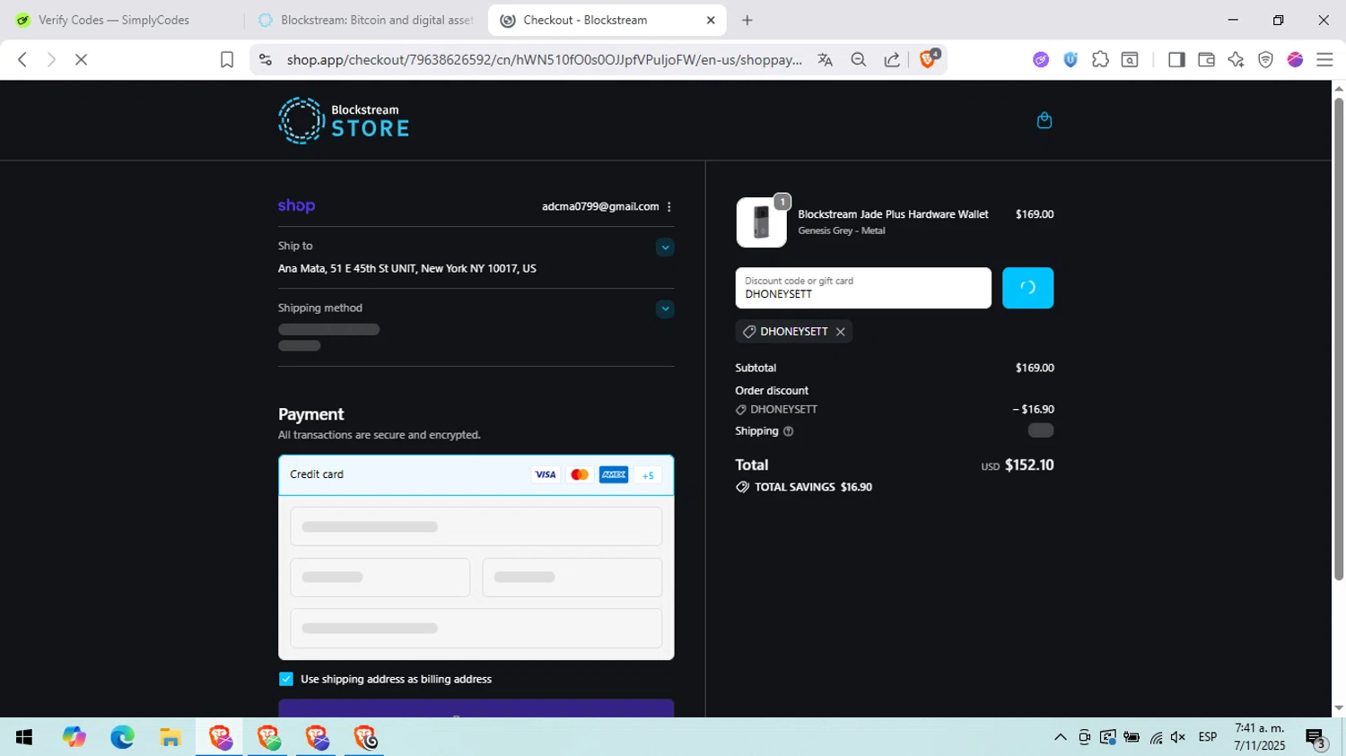 Blockstream discount code screenshot showing code DHONEYSETT applied at Blockstream checkout page. Uploaded by SimplyCodes community member peachee on Nov 7, 2025