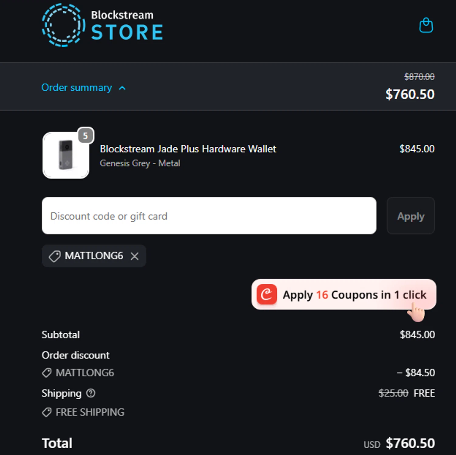 Blockstream discount code screenshot showing code MATTLONG6 applied at Blockstream checkout page. Uploaded by SimplyCodes community member dadgmnsaegwr234223367igh on Oct 9, 2025