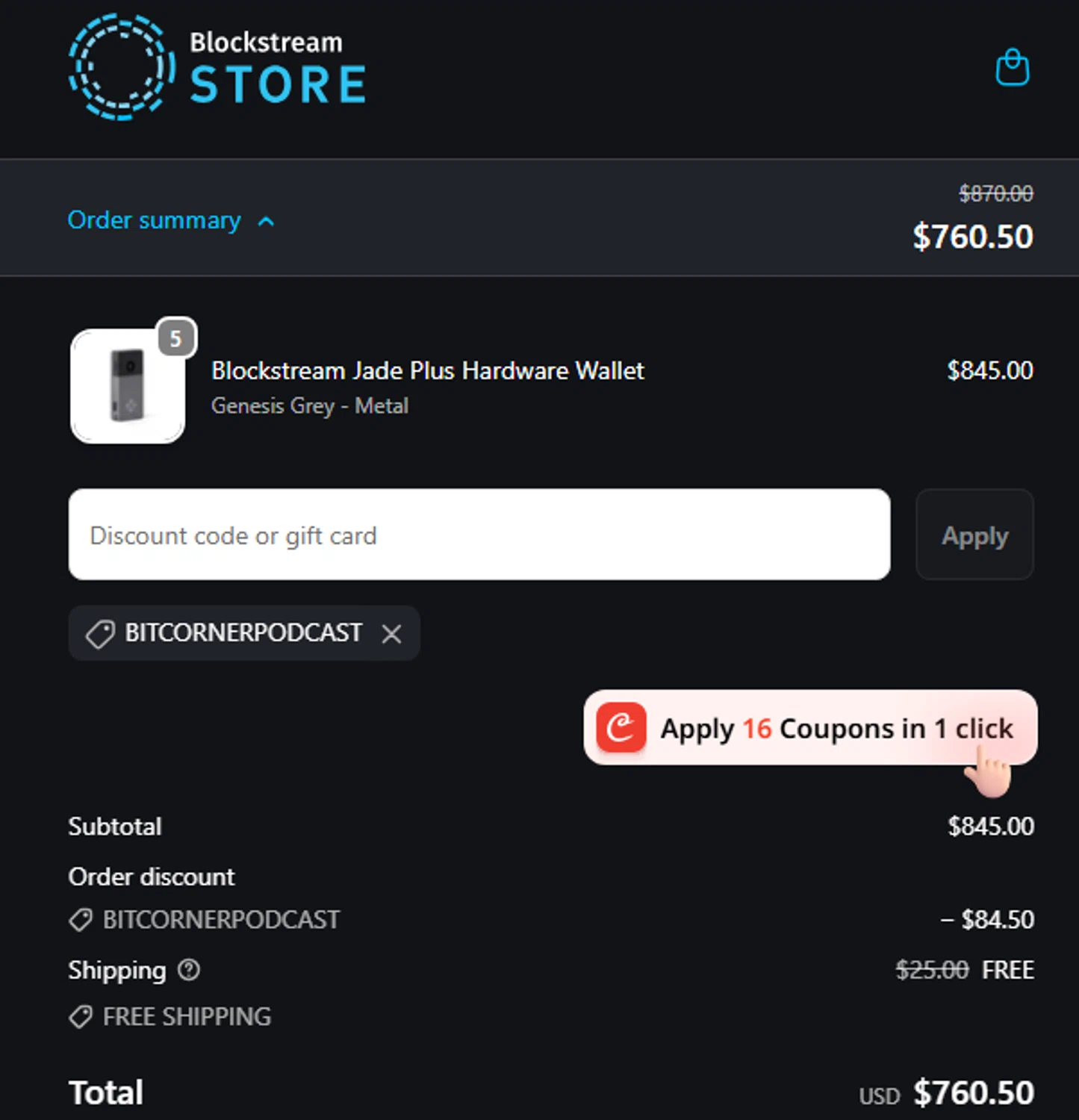 Blockstream discount code screenshot showing code BITCORNERPODCAST applied at Blockstream checkout page. Uploaded by SimplyCodes community member dadgmnsaegwr234223367igh on Oct 9, 2025