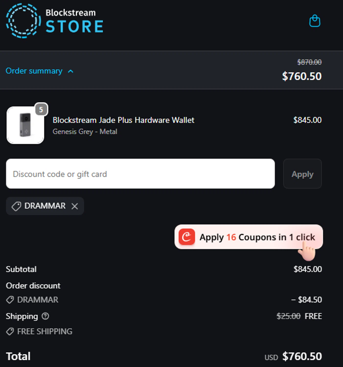 Blockstream discount code screenshot showing code DRAMMAR applied at Blockstream checkout page. Uploaded by SimplyCodes community member dadgmnsaegwr234223367igh on Oct 9, 2025