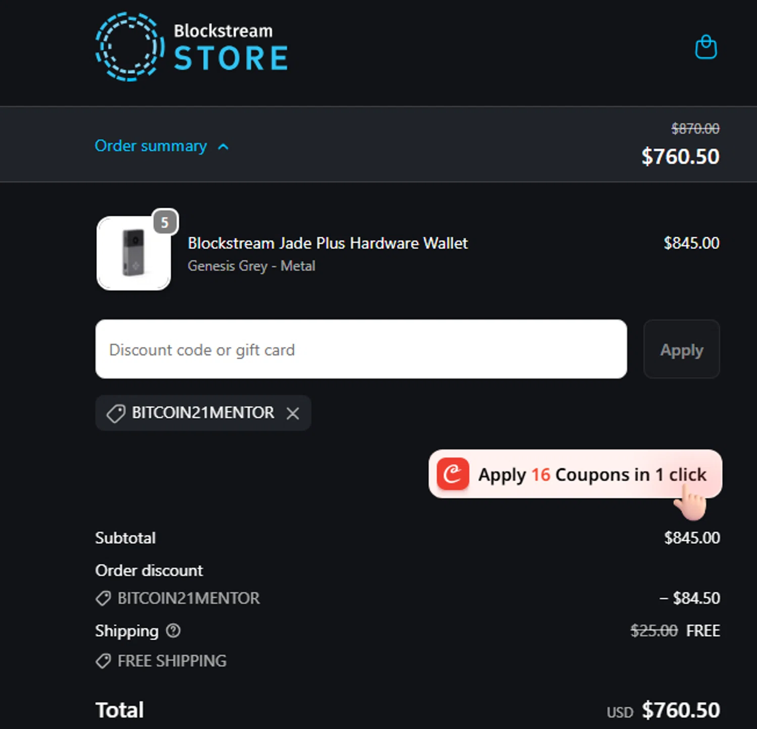 Blockstream discount code screenshot showing code BITCOIN21MENTOR applied at Blockstream checkout page. Uploaded by SimplyCodes community member dadgmnsaegwr234223367igh on Oct 9, 2025