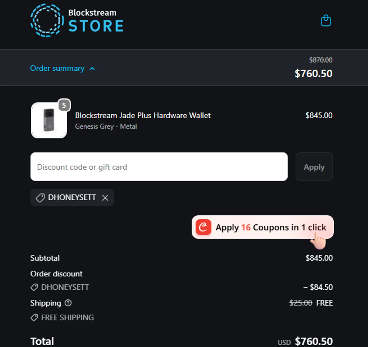Blockstream discount code screenshot showing code DHONEYSETT applied at Blockstream checkout page. Uploaded by SimplyCodes community member dadgmnsaegwr234223367igh on Oct 9, 2025