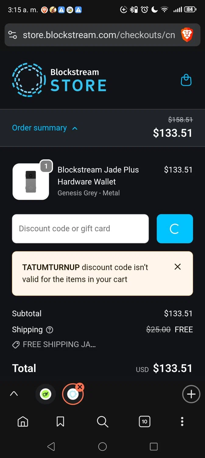 Blockstream Store promo code screenshot showing code TATUMTURNUP applied at Blockstream Store checkout page. Uploaded by SimplyCodes community member Vivachavez on Dec 29, 2025