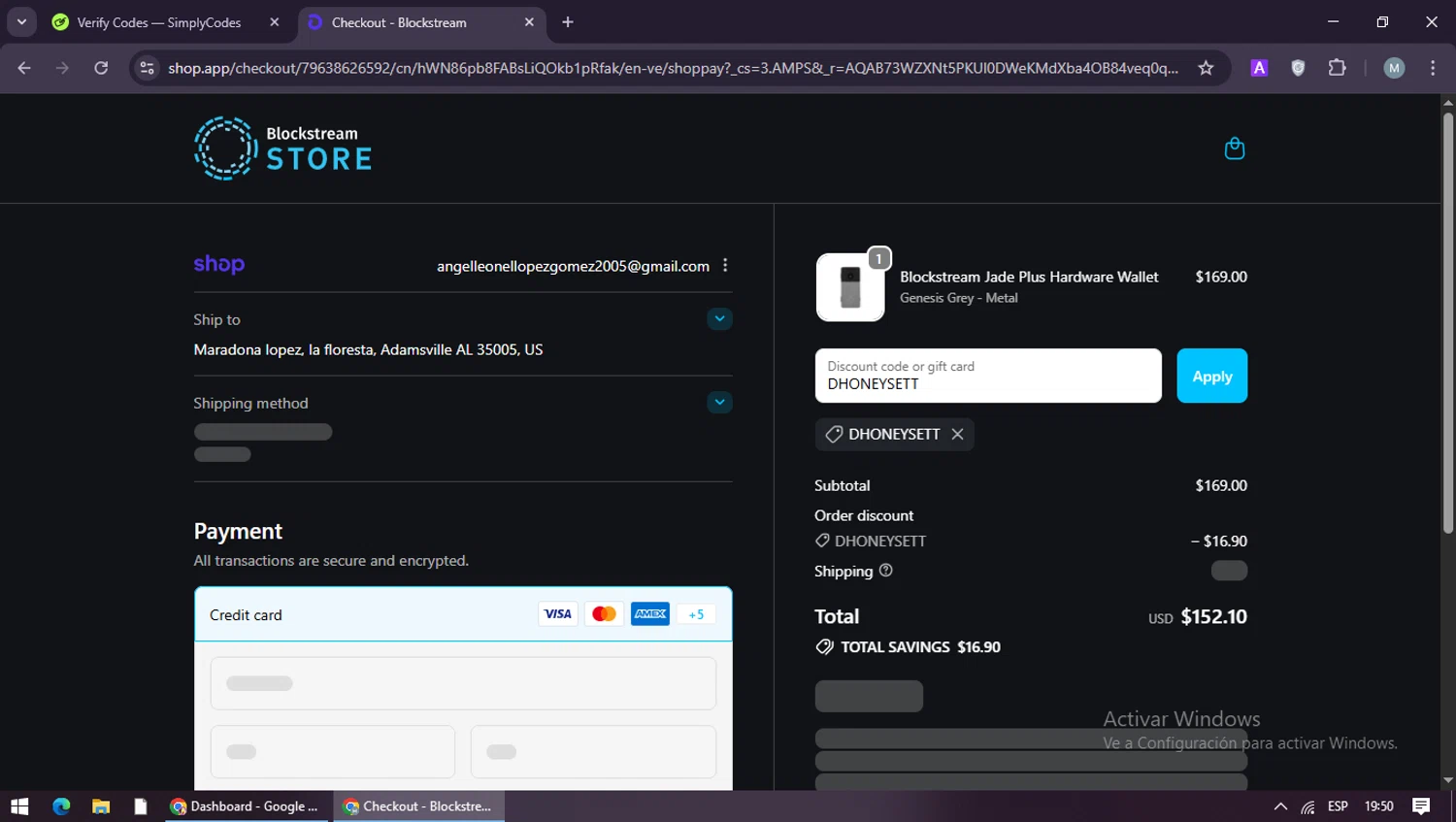 Blockstream Store promo code screenshot showing code DHONEYSETT applied at Blockstream Store checkout page. Uploaded by SimplyCodes community member maraxo on Jan 27, 2026