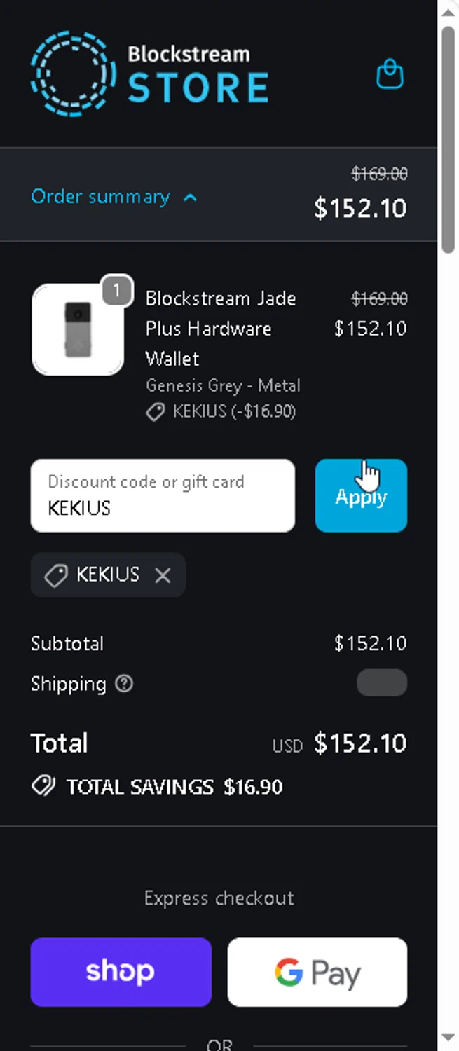 Blockstream Store promo code screenshot showing code KEKIUS applied at Blockstream Store checkout page. Uploaded by SimplyCodes community member sofia_8 on Jan 23, 2026