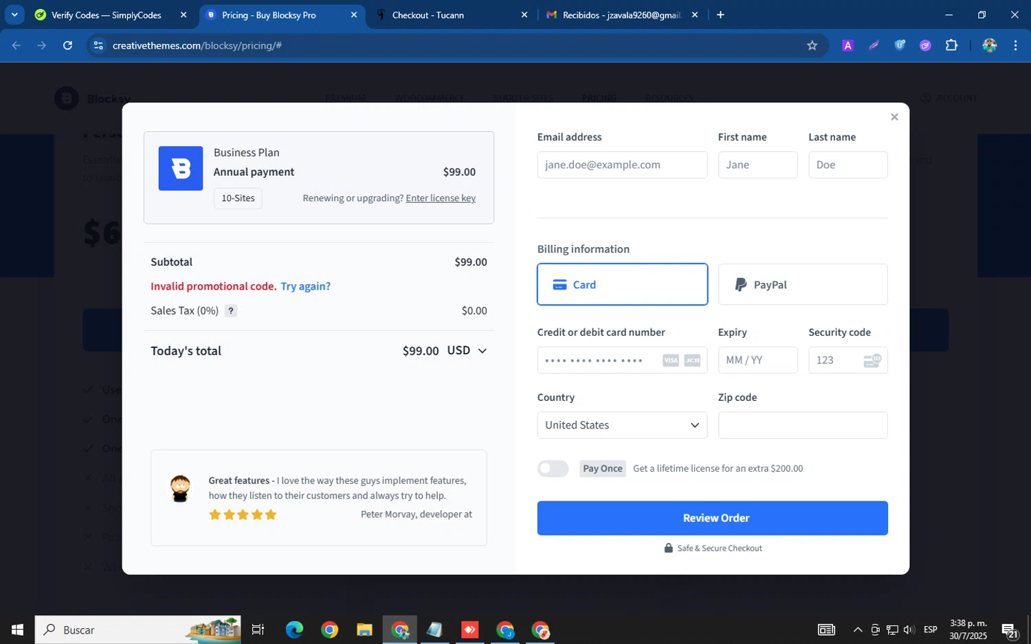 Blocksy promo code screenshot showing code SPOOKY applied at Blocksy checkout page. Uploaded by SimplyCodes community member helicoide on Jul 30, 2025