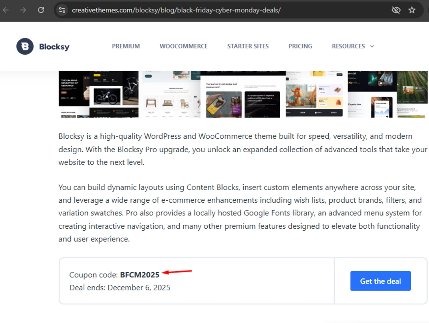 Blocksy promo code screenshot showing code BFCM2025 applied at Blocksy checkout page. Uploaded by SimplyCodes community member anosesmith on Nov 25, 2025