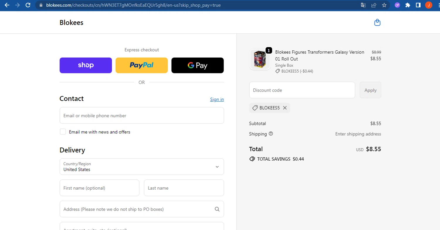 Blokees discount code screenshot showing code BLOKEES5 applied at Blokees checkout page. Uploaded by SimplyCodes community member FranquizJoel on Sep 21, 2025