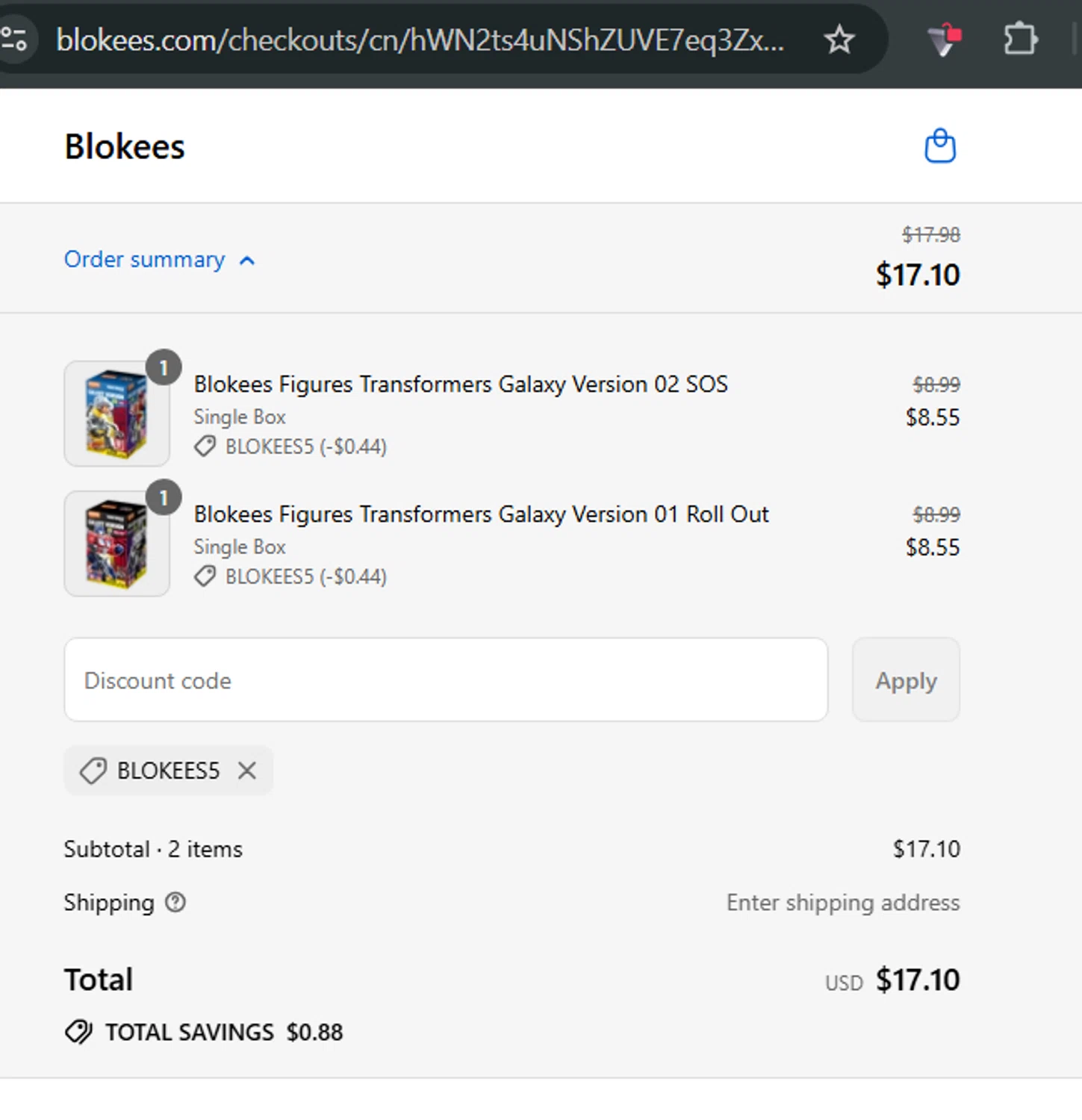 Blokees discount code screenshot showing code BLOKEES5 applied at Blokees checkout page. Uploaded by SimplyCodes community member LuisGaBa on Sep 12, 2025