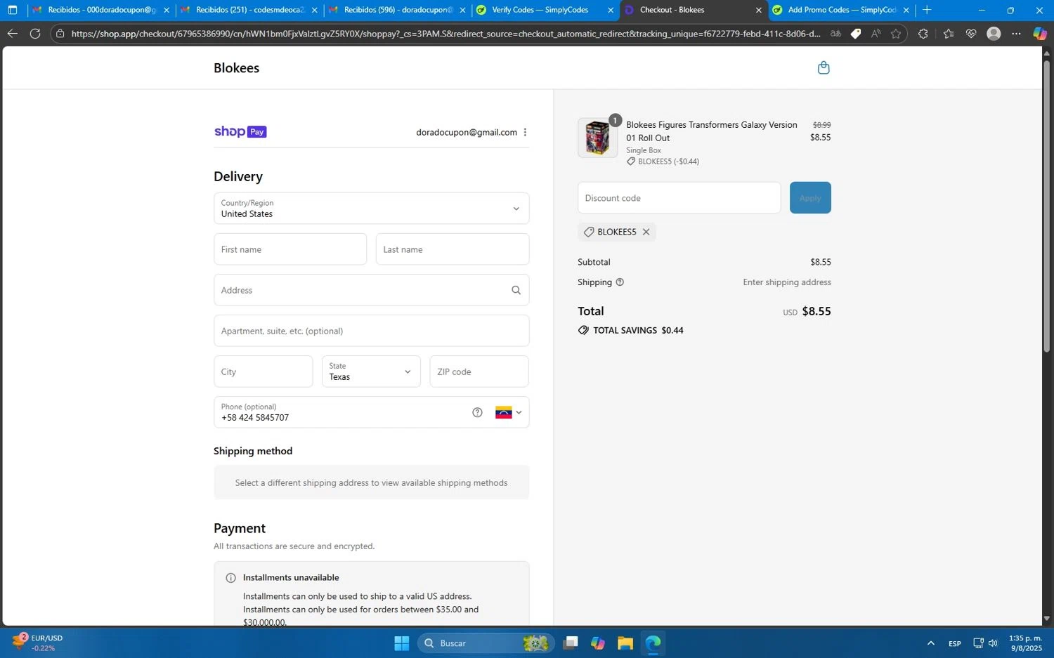 Blokees discount code screenshot showing code BLOKEES5 applied at Blokees checkout page. Uploaded by SimplyCodes community member Mdeoca on Aug 9, 2025