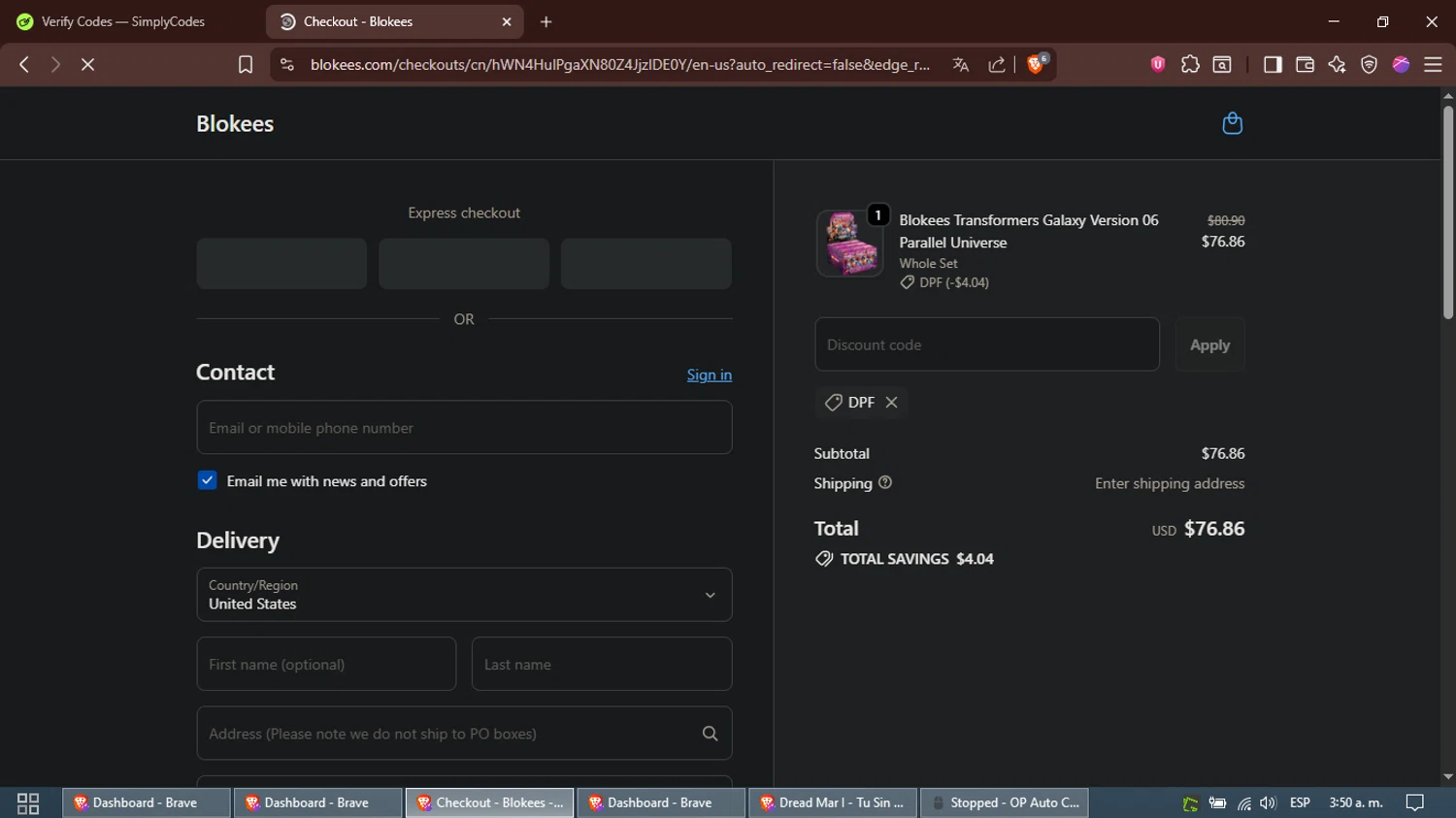 Blokees discount code screenshot showing code DPF applied at Blokees checkout page. Uploaded by SimplyCodes community member Alfred on Oct 19, 2025