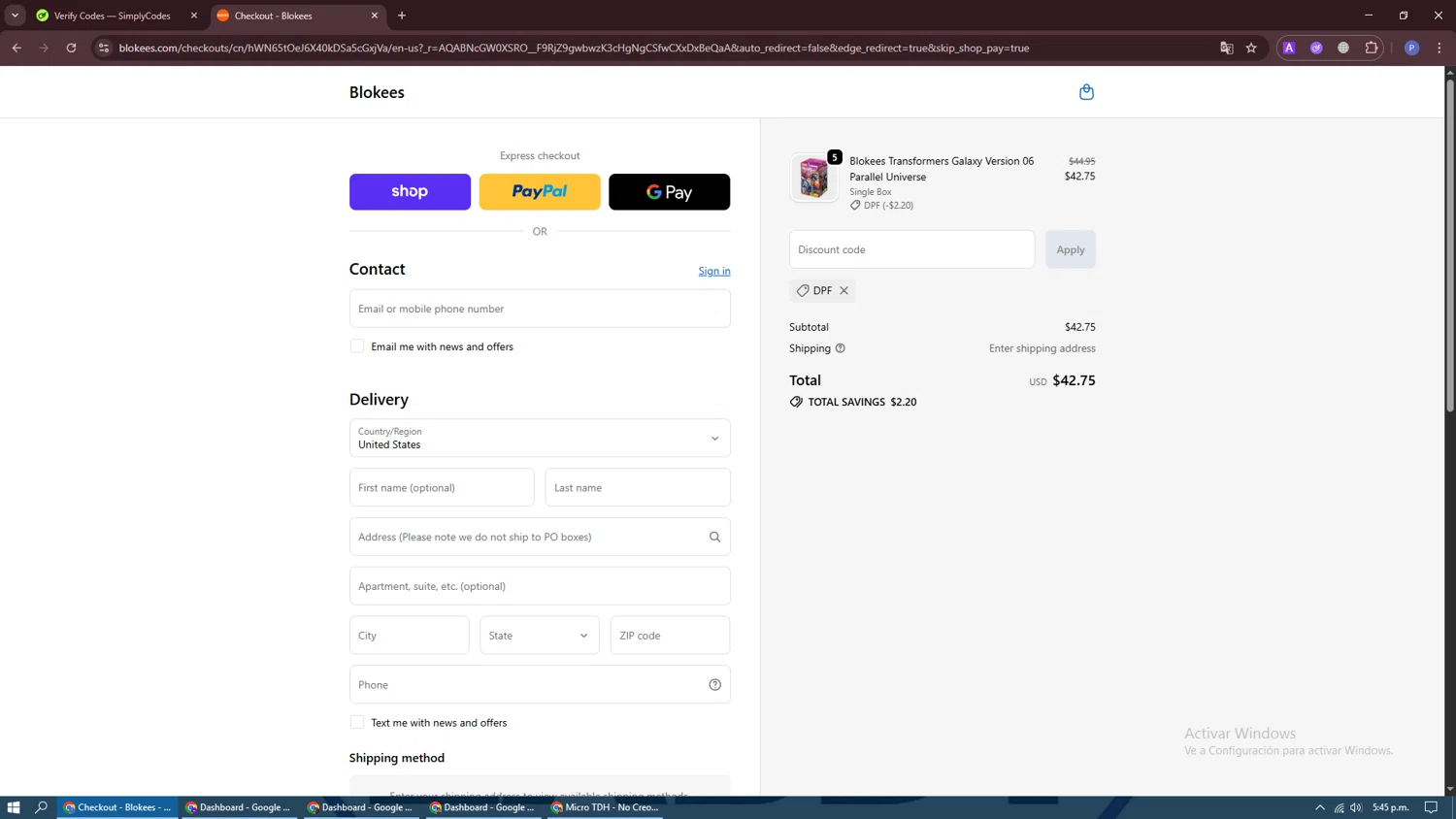 Blokees discount code screenshot showing code DPF applied at Blokees checkout page. Uploaded by SimplyCodes community member Darknigth31 on Dec 5, 2025