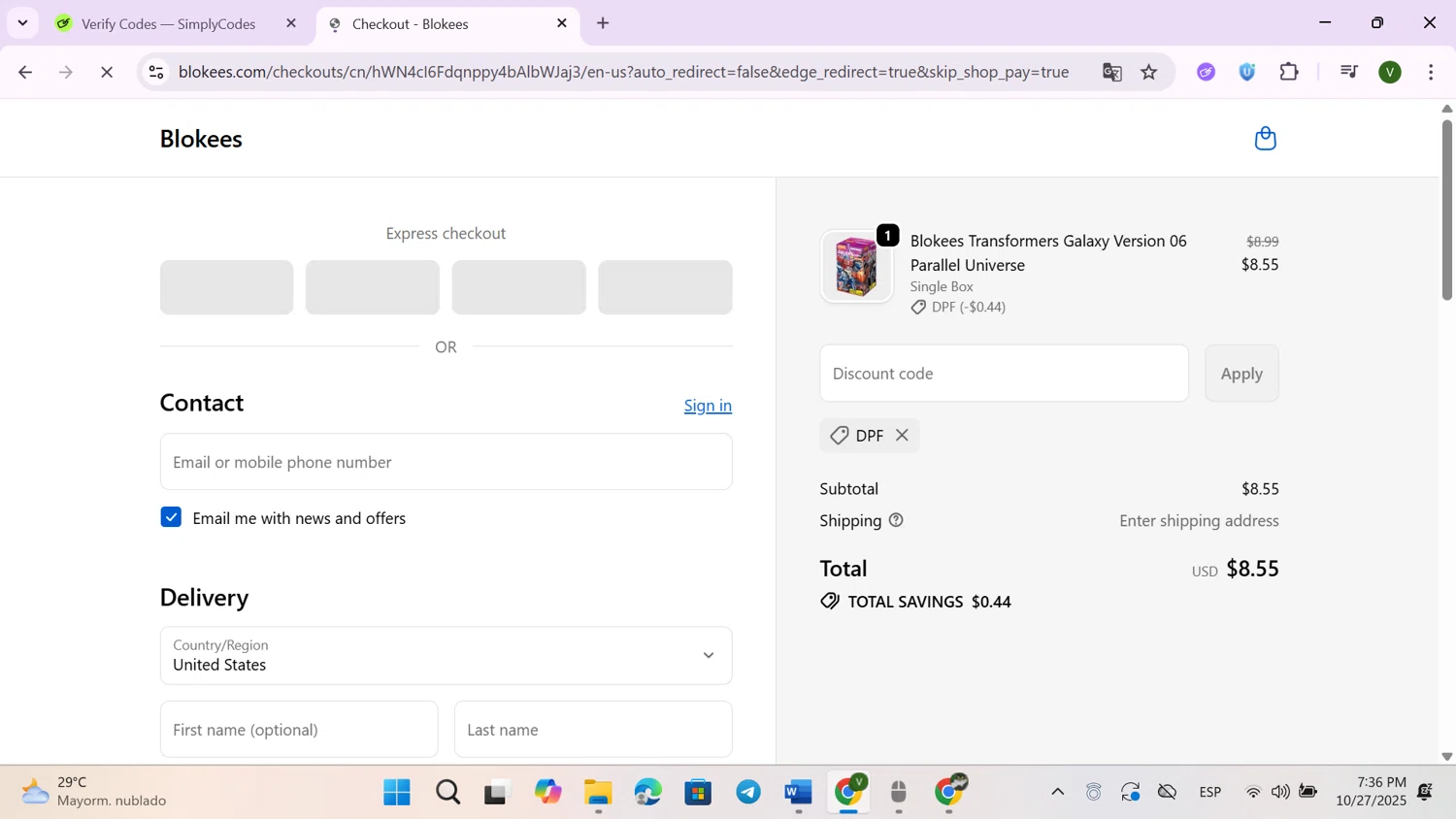 Blokees discount code screenshot showing code DPF applied at Blokees checkout page. Uploaded by SimplyCodes community member GloriousExpert4976 on Oct 27, 2025
