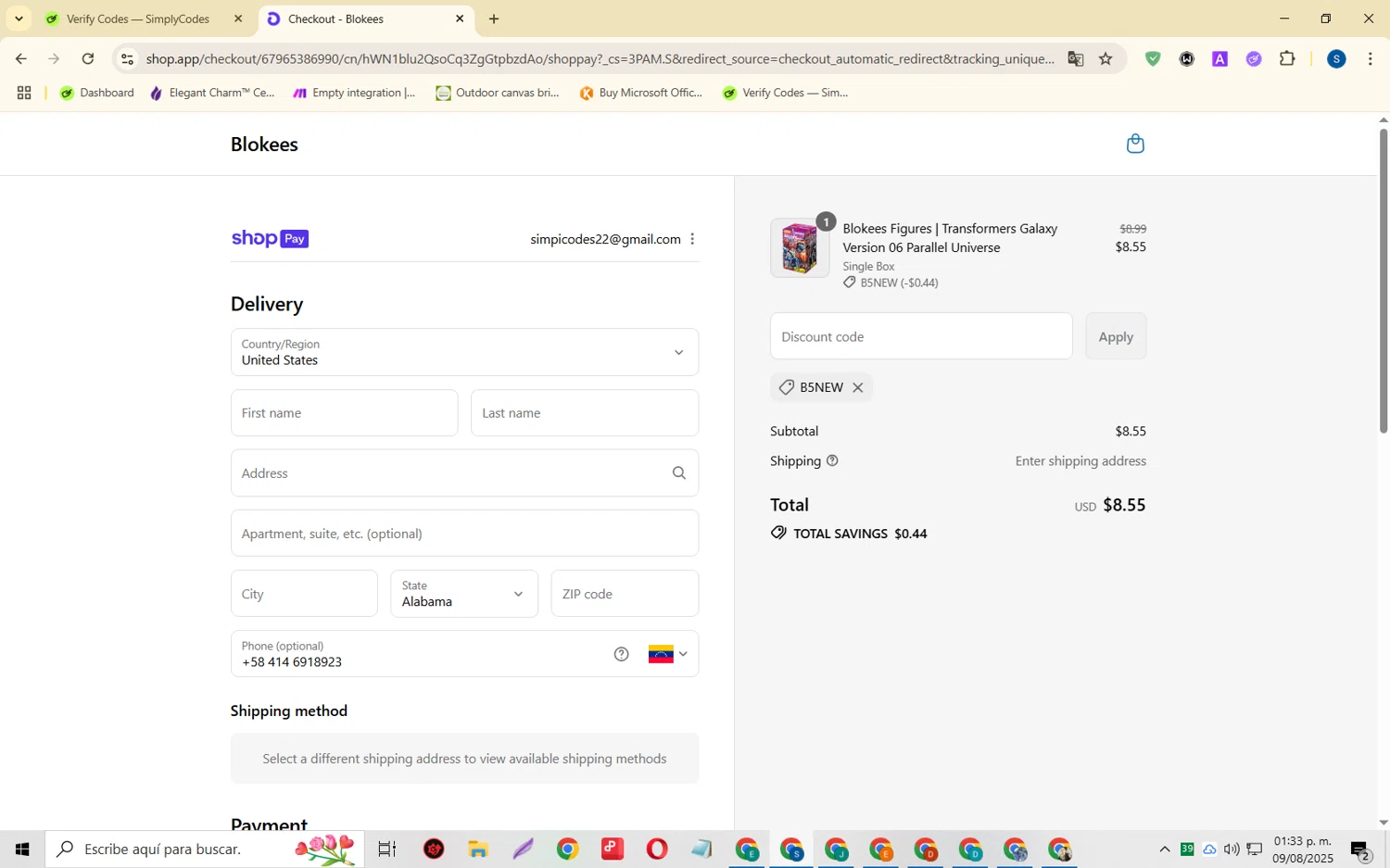 Blokees discount code screenshot showing code B5NEW applied at Blokees checkout page. Uploaded by SimplyCodes community member CleverOwl2485 on Aug 9, 2025