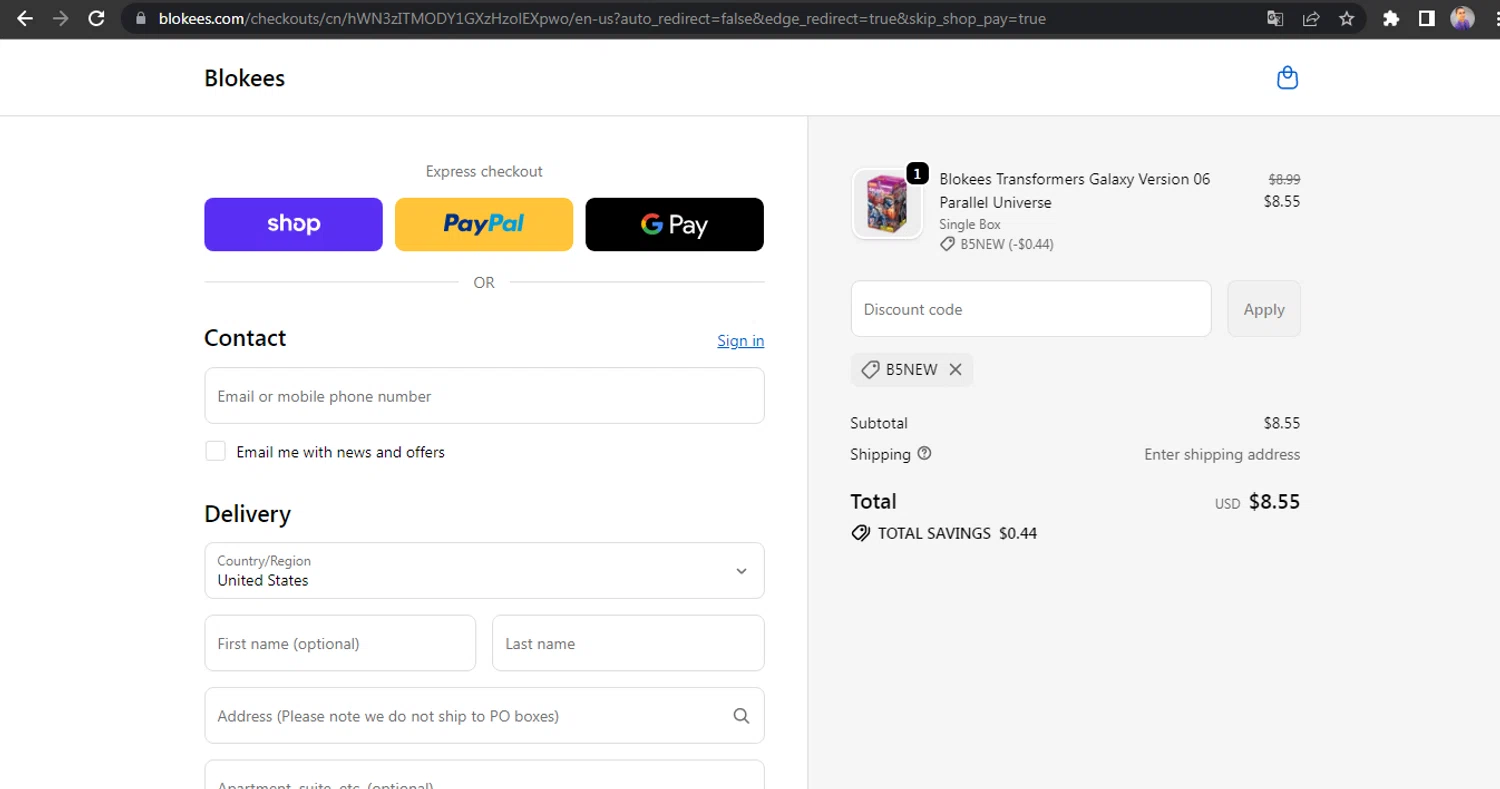 Blokees discount code screenshot showing code B5NEW applied at Blokees checkout page. Uploaded by SimplyCodes community member HUNTER1406 on Oct 11, 2025