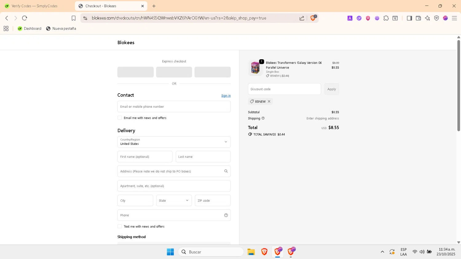 Blokees discount code screenshot showing code B5NEW applied at Blokees checkout page. Uploaded by SimplyCodes community member PrimeWhiz4850 on Oct 23, 2025