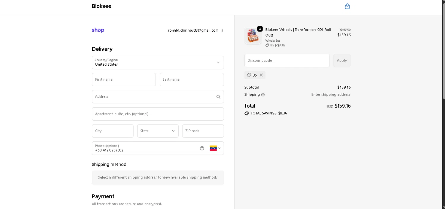 Blokees discount code screenshot showing code B5 applied at Blokees checkout page. Uploaded by SimplyCodes community member CrownAce9258 on Dec 24, 2025