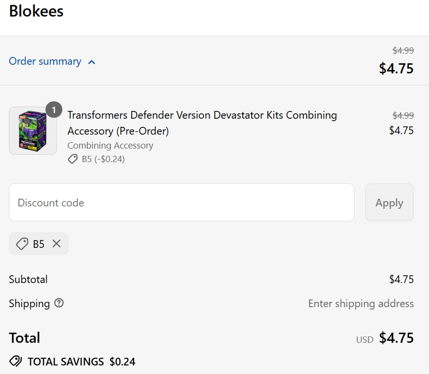 Blokees discount code screenshot showing code B5 applied at Blokees checkout page. Uploaded by SimplyCodes community member dragonjeffer_93a9 on Aug 17, 2025