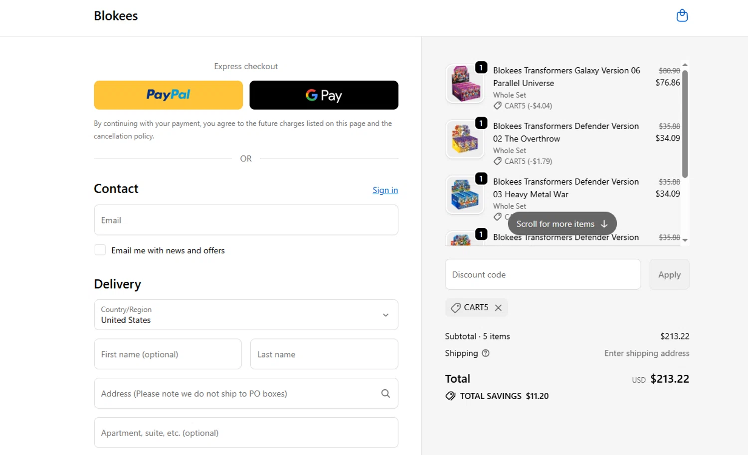 Blokees discount code screenshot showing code CART5 applied at Blokees checkout page. Uploaded by SimplyCodes community member ExtraordinarySeeker9807 on Oct 23, 2025