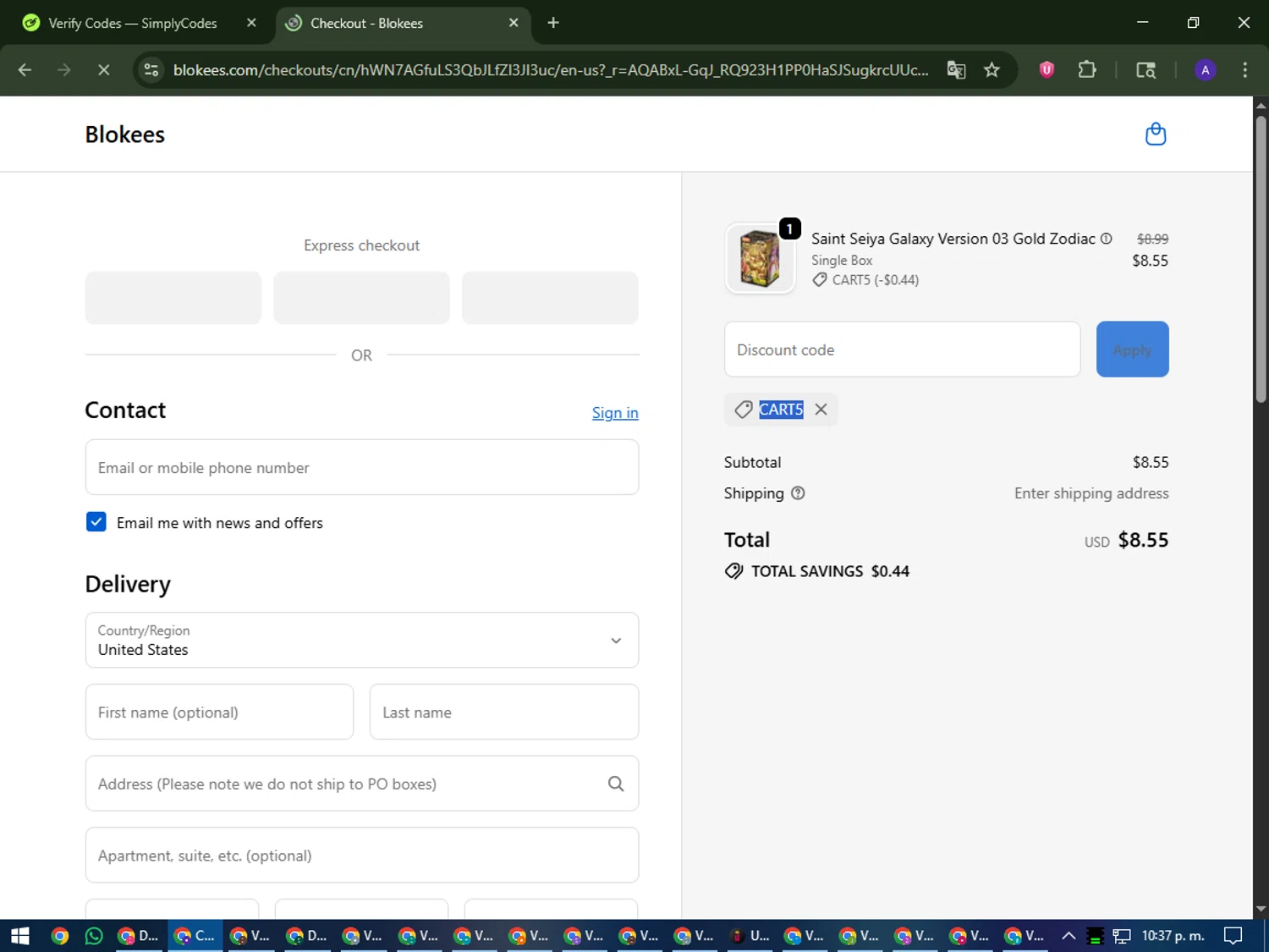 Blokees checkout page showing Blokees discount code box | Screenshot taken by SimplyCodes community member on Jan 3, 2026