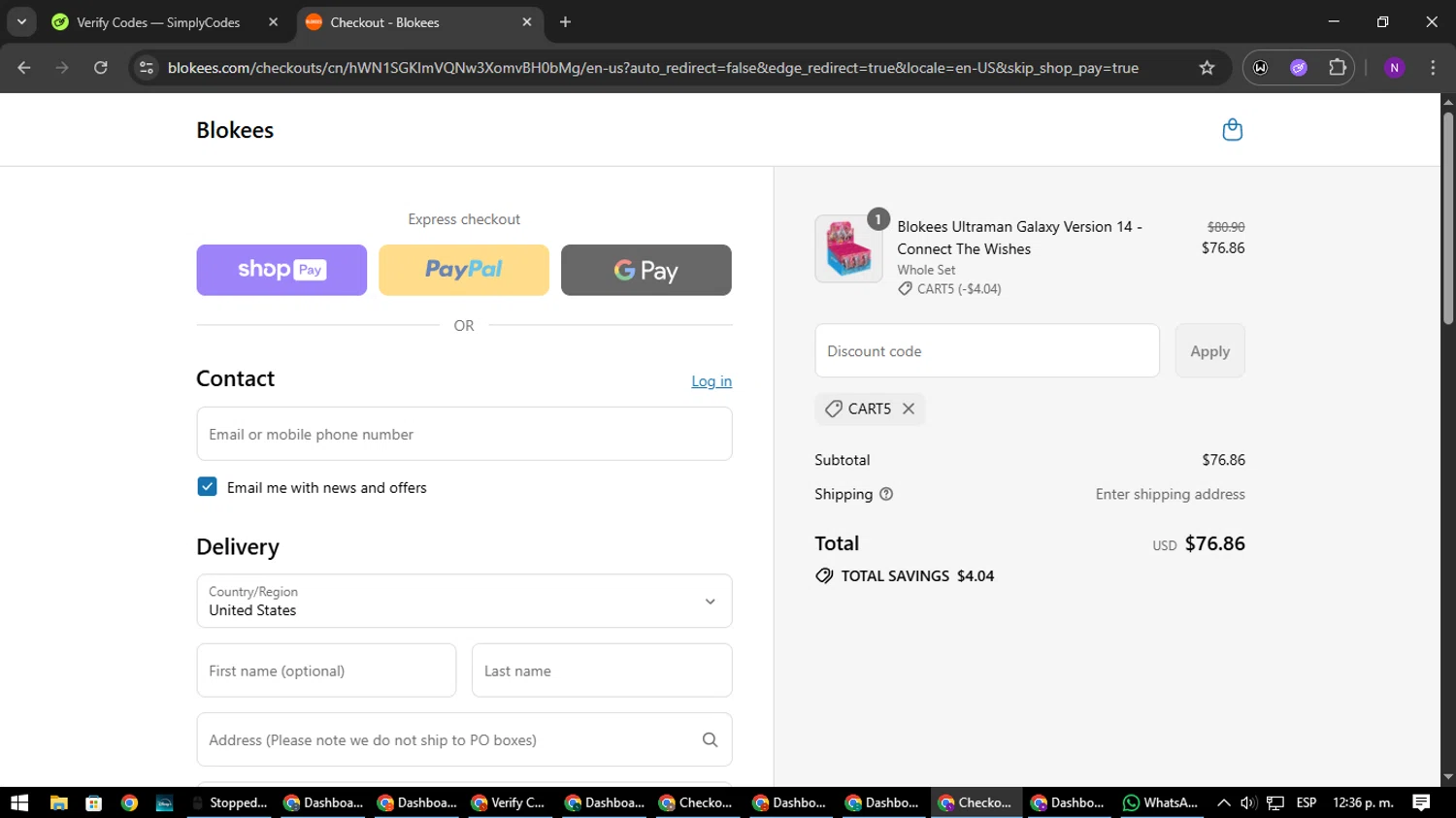 Blokees discount code screenshot showing code CART5 applied at Blokees checkout page. Uploaded by SimplyCodes community member NATAAAAAANAELCANO on Aug 5, 2025