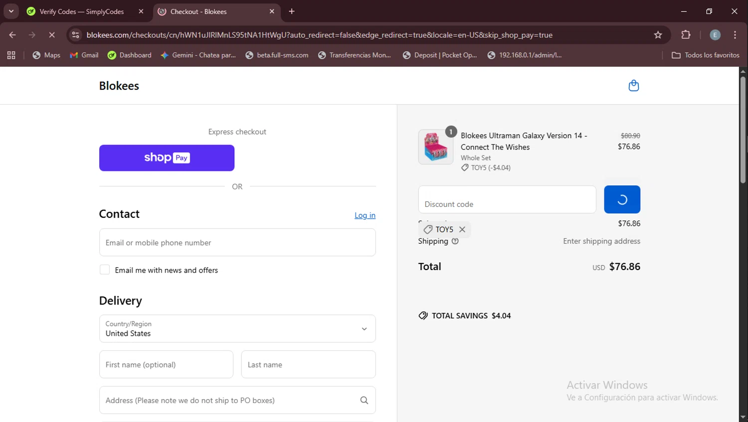 Blokees discount code screenshot showing code TOY5 applied at Blokees checkout page. Uploaded by SimplyCodes community member Esteban on Aug 17, 2025